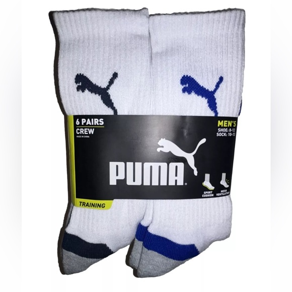 Puma Cushioned Crew Socks 6 Pair Men 8-12 White Gray Blue w Logos NEW! Training - Picture 1 of 11